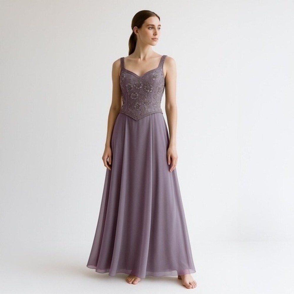 Vintage 90s Sequin Floral Chiffon A-Line Formal Prom Gown Dress Purple Women 8